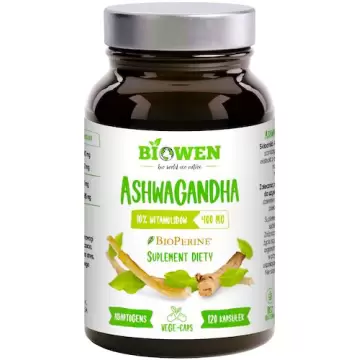 Biowen Ashwagandha żeń-szeń indyjski 10% witanolidy Piperyna 400mg 120kaps vege - suplement diety Energia Stres