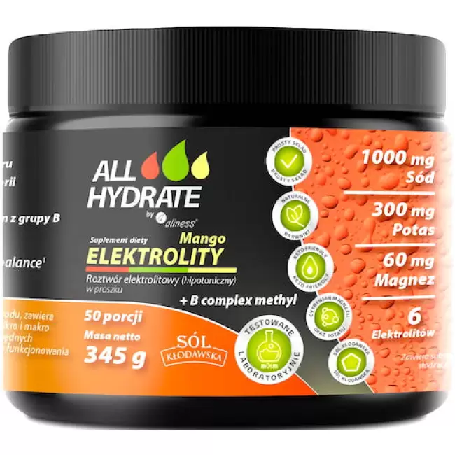  Aliness ALLHydrate Elektrolity Mango + B complex methyl 345g 50porcji Nawodnienie Niacyna Magnez Potas Sód Keto