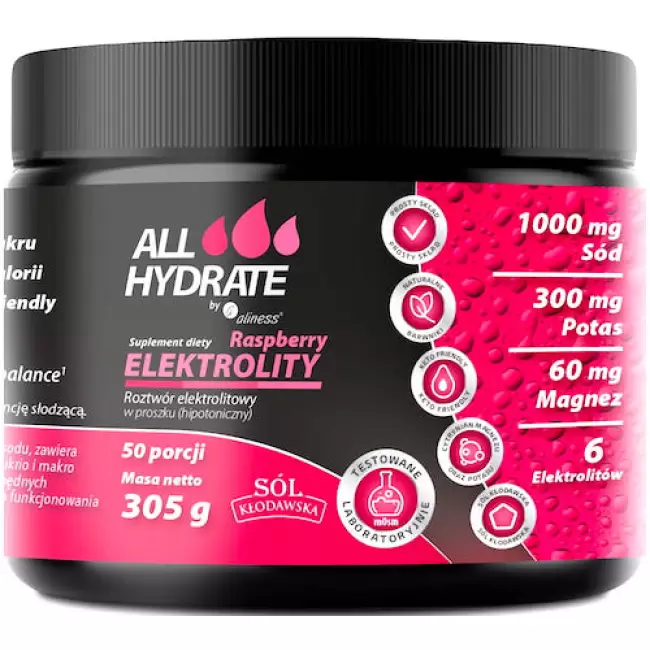 Aliness ALLHydrate Elektrolity Raspberry 305g 50porcji Nawodnienie Magnez Potas Sód Fosfor Keto Mięśnie Malinowy