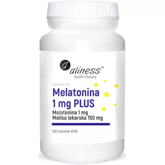 Aliness Melatonina 1mg PLUS 100tab vege - suplement diety Zdrowy sen Jet-lag Melisa