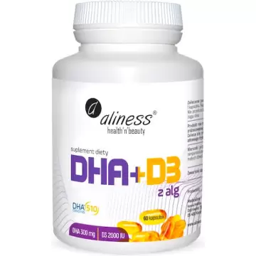 Aliness Omega DHA 300mg z alg + D3 2000IU 60kaps - suplement diety Trójglicerydy Krew