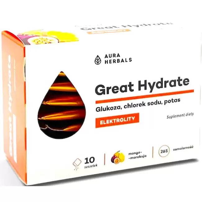 Aura Herbals Great Hydrate mango-marakuja Elektrolity 10szt saszetki - suplement diety Sód Potas Glukoza