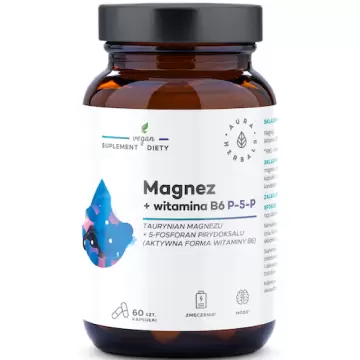 Aura Herbals Magnez taurynian Witamina B6 P-5-P 60kaps vege - suplement diety Nerwy Mięśnie Skurcze Stres
