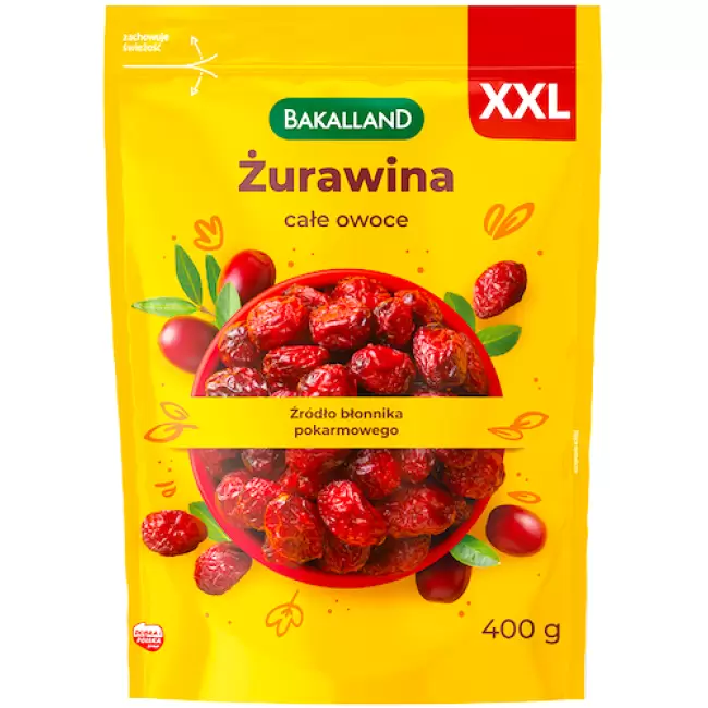 Bakalland Żurawina suszona całe owoce 400g Błonnik Przekąska Premium