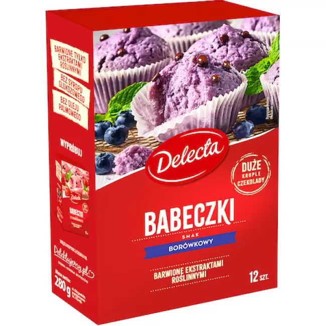 Delecta Babeczki smak borówkowy Krople czekolady 280g Foremki 12szt. Puszyste Czekolada