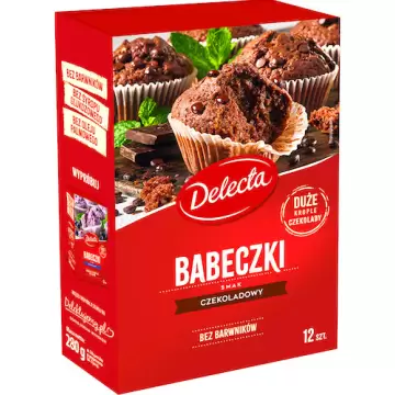 Delecta Babeczki smak czekoladowy Krople czekolady 280g Foremki 12szt. Puszyste Czekolada