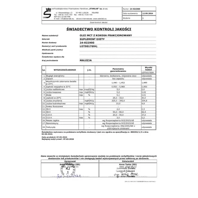 Stanlab Olej z kokosa MCT kokosowy 500ml Kwas kaprylowy Dieta Keto